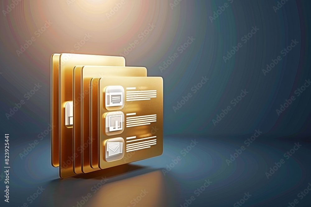Poster elegant digital organization: gold folders representing digital document storage in a futuristic off