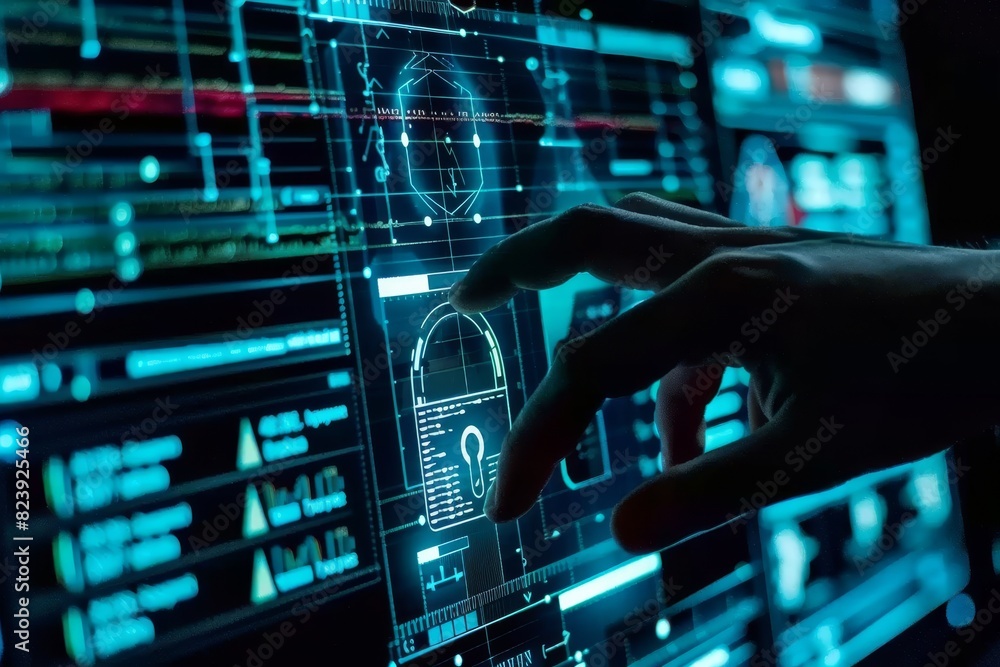 Poster hand touching holographic lock on circuit board for secure online data protection and it security