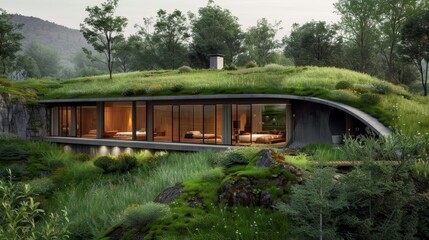 A rural earthsheltered home, blending seamlessly into the landscape with a green roof and energyefficient design