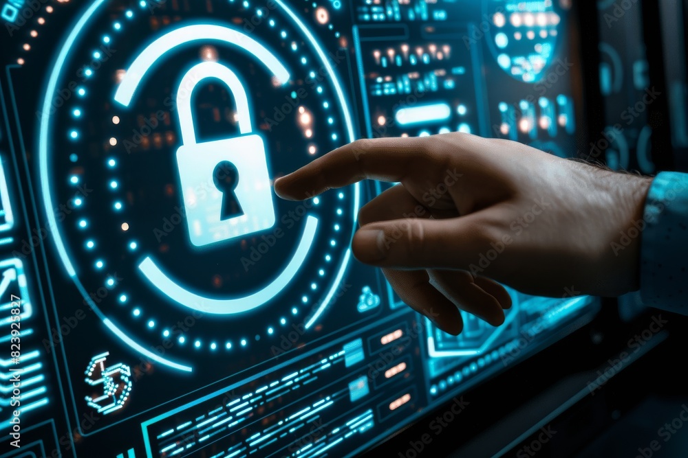 Aufkleber hand pointing at holographic lock for secure online data protection and it security