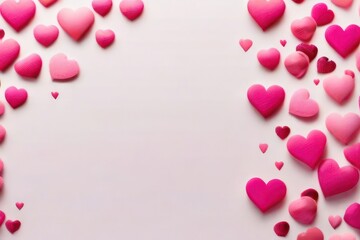 White background with many red and white hearts all around it with empty space in the center