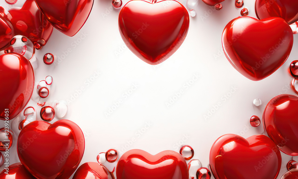 Poster white background with many red and white hearts all around it with empty space in the center