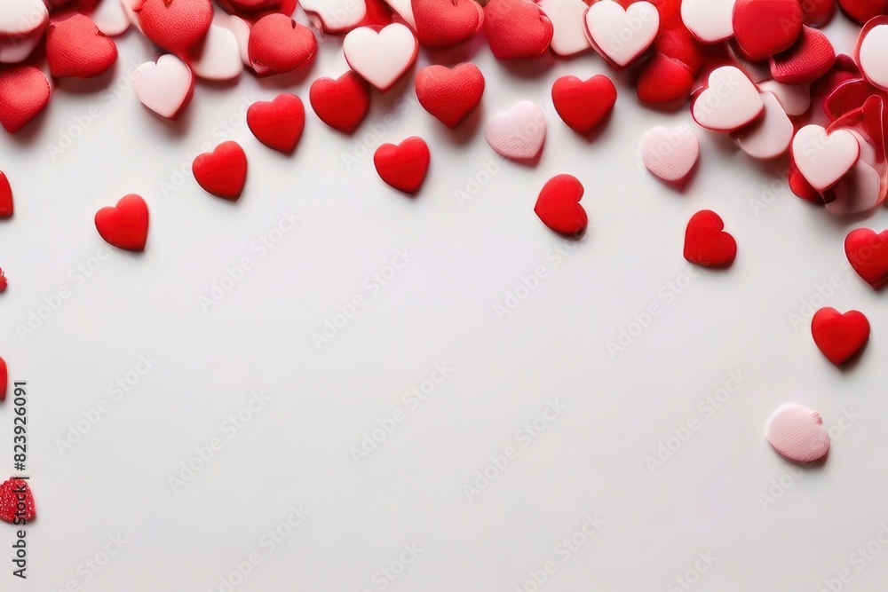 Poster white background with many red and white hearts all around it with empty space in the center