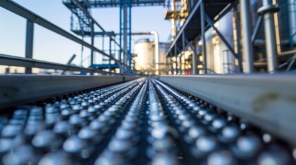 Fototapeta premium A conveyor belt system transporting captured CO2 to storage tanks with safety measures in place to prevent leaks.