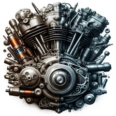 vintage motorcycle mid-restoration, with worn but robust components