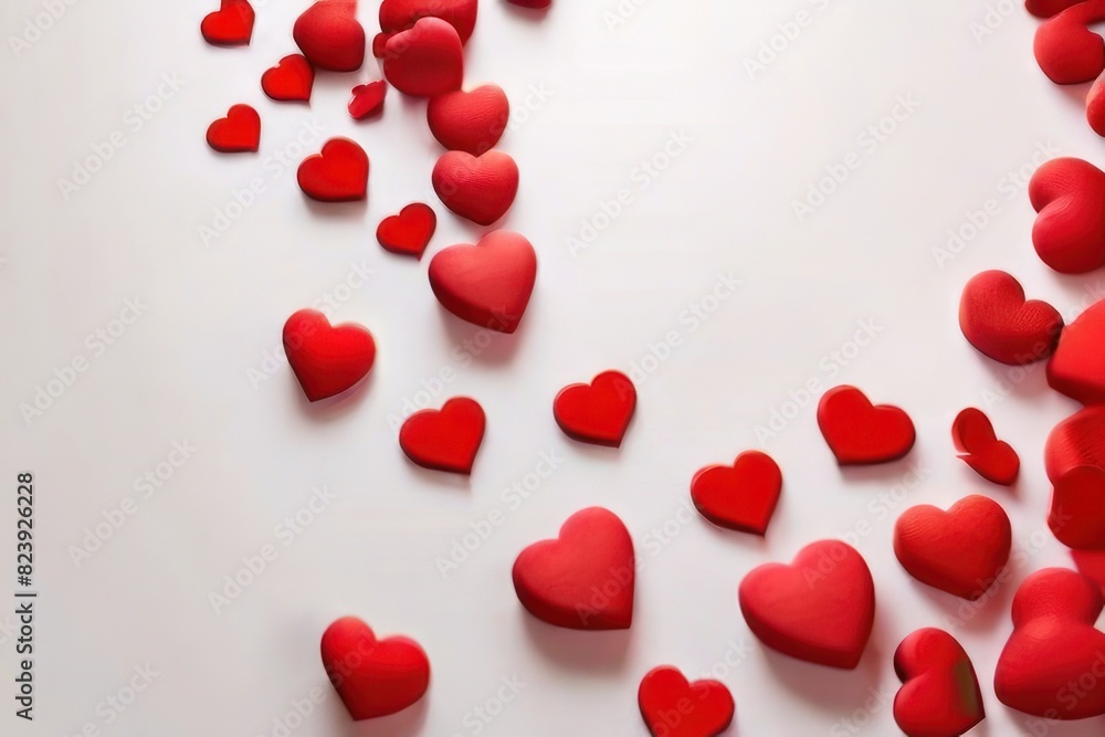 Poster white background with many red and white hearts all around it with empty space in the center
