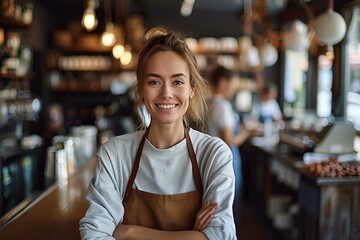 Work-Life Balance Smiling Businesswoman Enjoying a Break at a Bar Table with Her Laptop