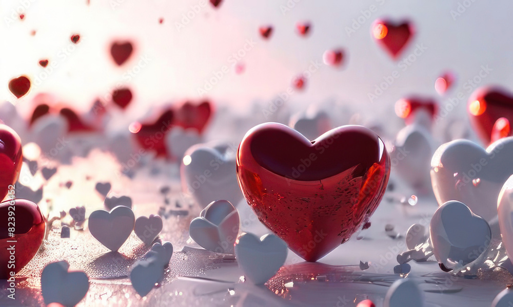 Poster white background with many red and white hearts all around it with empty space in the center