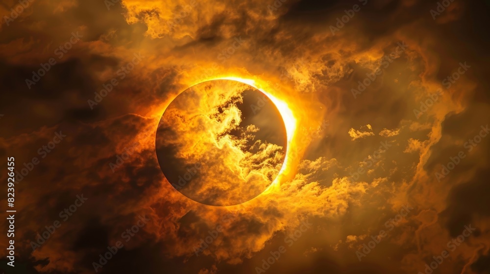 Poster a striking image of the partially eclipsed sun behind wispy clouds creating a stunning visual effect