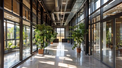 Obraz premium An ecofriendly office building built with recycled concrete and steel, featuring an openplan interior and natural light