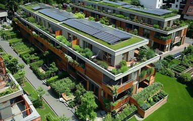 Naklejka premium An ecofriendly apartment complex with communal gardens, bike storage, and rooftop solar panels