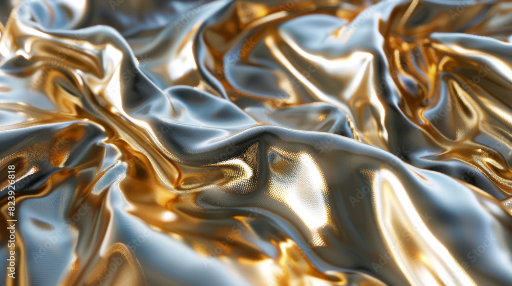 Poster elegant ripples of golden silk fabric with a shiny, smooth texture creating a luxurious and rich bac