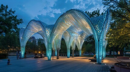 Fototapeta premium An urban park pavilion constructed from recycled plastic bottles, showcasing innovative design and sustainability