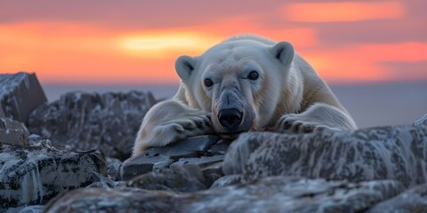 A stunning polar bear feasts on a seal carcass amidst the magical evening skies. Concept Wildlife Photography, Arctic Adventure, Animal Behavior, Sunset Moments