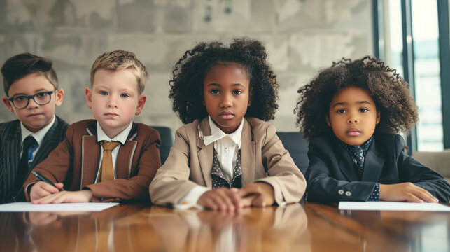 Group of serious childen in suites in office. 
