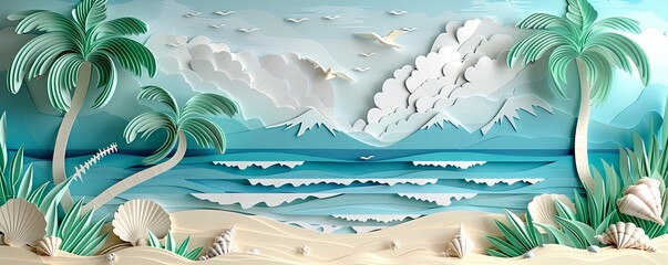 Exotic beach with palm trees, waves, and seashells, detailed papercut background