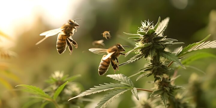 Cannabis Farm in Outdoor Field with Bees Pollinating Plants. Concept Cannabis Farming, Outdoor Field, Bees Pollinating Plants