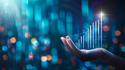Close-up of digital histogram and trend lines in hand on dark background. A businessman's hand holds a rising stock in a dark modern office. Business and technology concept.