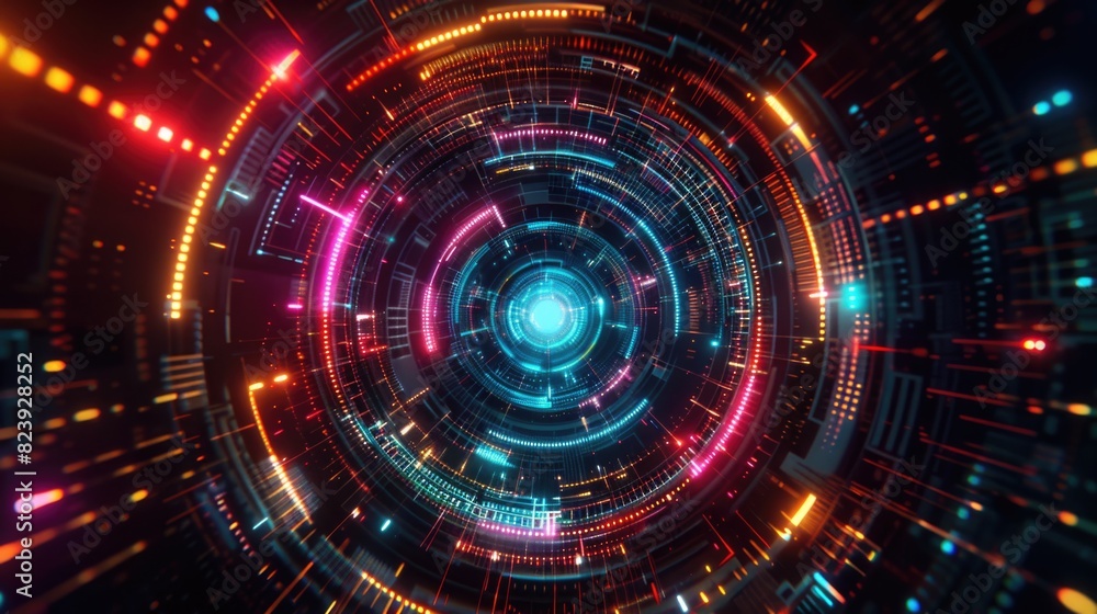 Poster cyber black background with a neon multicolored glowing circular hud in the center. pc screensaver.