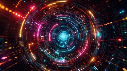 Fototapeta premium Cyber black background with a neon multicolored glowing circular HUD in the center. PC screensaver.