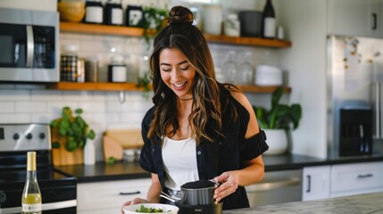 Beauty Blogger Demonstrating DIY Hair Mask Tutorial Using Organic Ingredients in Modern Kitchen