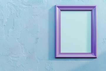featuring a single empty poster in a purple frame against a light blue wall.
