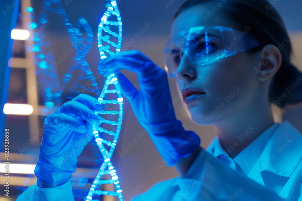 Poster professional scientist examining a dna model, illustrating cutting-edge genetic modification technol