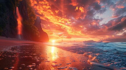A cascade of fiery light descending onto a tranquil beach at sunset