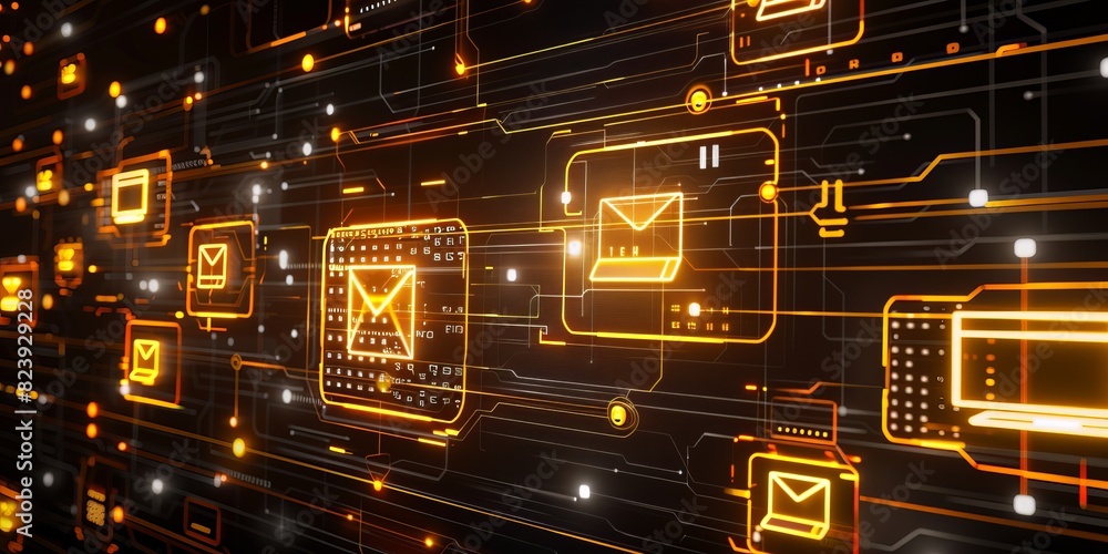 Poster Digital Email Network Interface, showcasing modern technology and innovation in online communication, highlighting the dynamic flow and connectivity of digital emails, Generative AI