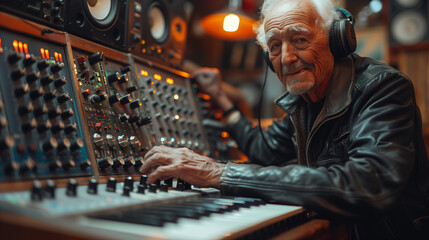 An elderly man as a DJ in a professional music studio.. He has headphones, he works behind a mixing...
