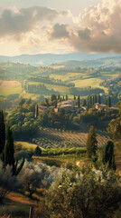 tuscan cypresses, picturesque hills, meandering pathway, and a charming villa illuminated by the warm glow of sunset in Tuscany, Italy