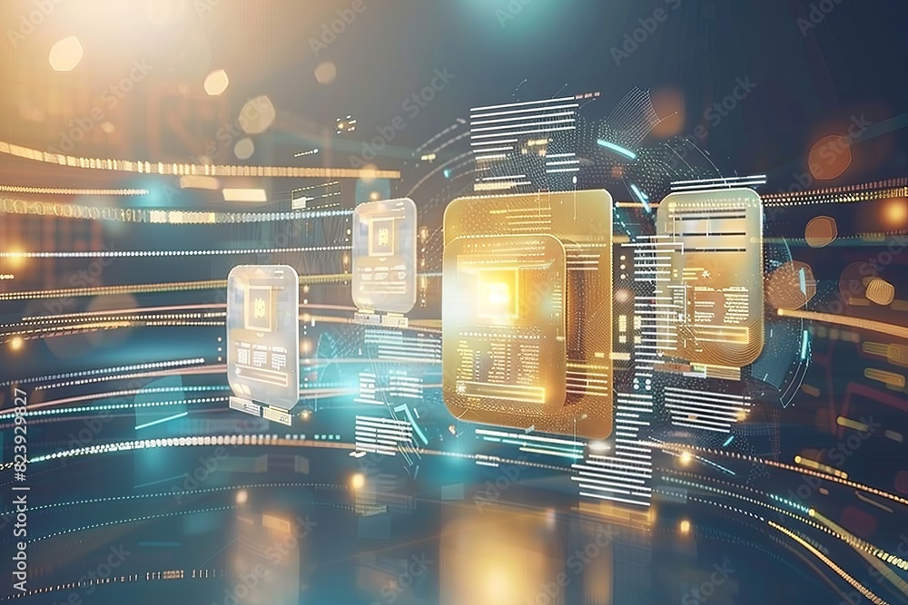 Poster Digital Data Network Interface, showcasing modern technology and innovation in data storage and virtual connectivity, highlighting the dynamic flow of digital information, Generative AI