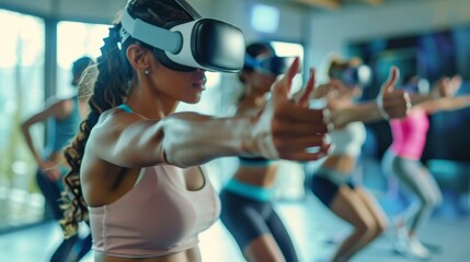 A group of coworkers gather after work for a virtual reality fitness class utilizing holographic trainers and environments to stay in shape while working from home.