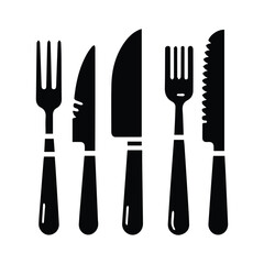 Sleek Black Vector Cutlery Set: Fork, Knife, and Spoon Illustrations