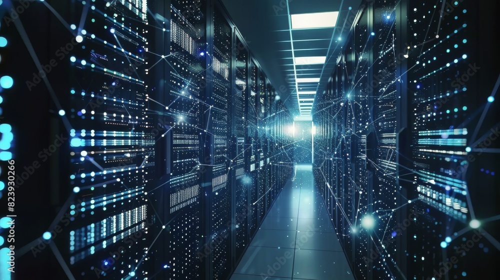 Poster rows of servers in a data center hallway