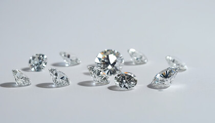 Multiple diamonds arranged in a group on top of a table surface