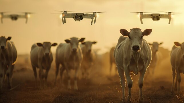 A herd of livestock is monitored by drones equipped with thermal cameras ensuring their health and wellbeing by detecting any abnormalities.