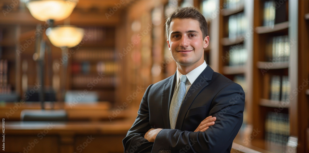 Aufkleber man in suit standing in front of bookshelf