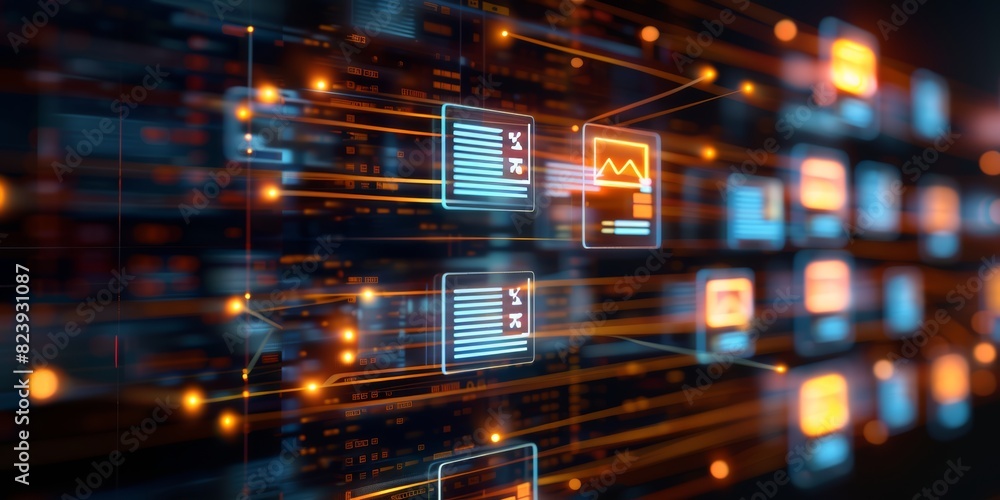 Aufkleber Futuristic Digital Data Interface with Abstract Visuals, highlighting the innovation and modern technology of online networks and virtual connections, Generative AI