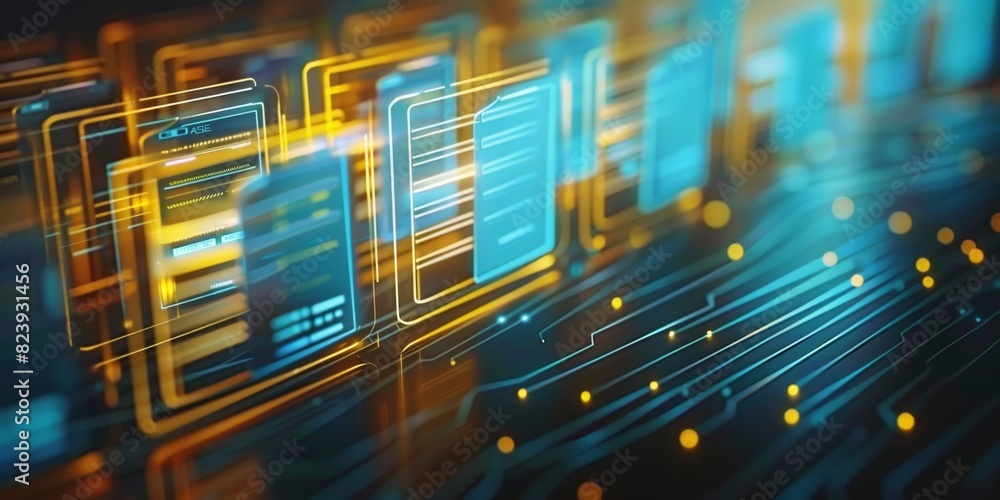 Aufkleber Futuristic Digital Data Interface with Abstract Visuals, highlighting the innovation and modern technology of online networks and virtual connections, Generative AI