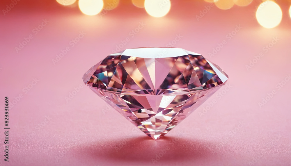 Poster a diamond resting on a pink surface with soft lights glowing in the background
