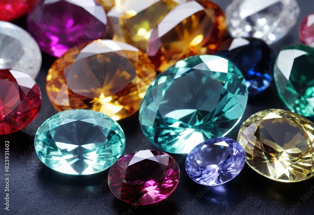 Poster various colored stones arranged neatly on a wooden table, showcasing a vibrant array of shapes and s