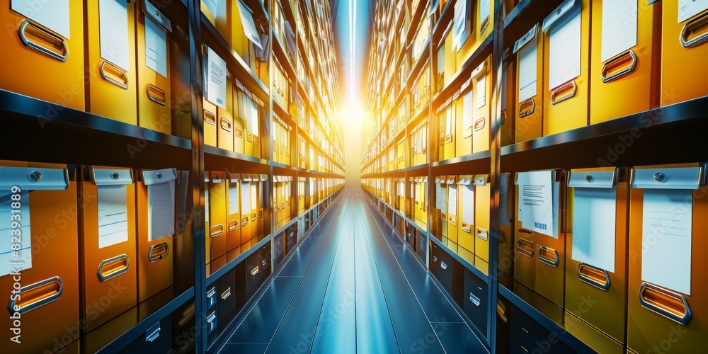 Poster Organized File Storage System with Shelves of Documents and Records, highlighting efficient data management and systematic record-keeping in a well-organized archival environment, Generative AI