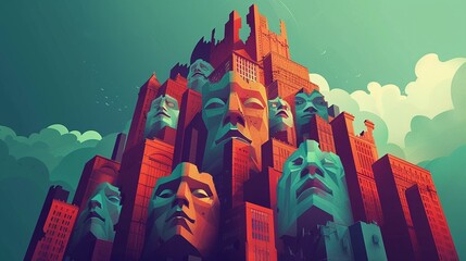 A city made of faces with a blue sky and clouds in the background.