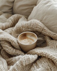 A cup of coffee on a beige knitted blanket.