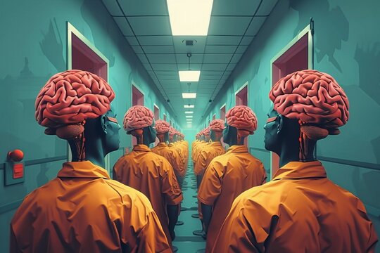 A group of people with brains for heads are wearing orange jumpsuits and standing in a hallway.