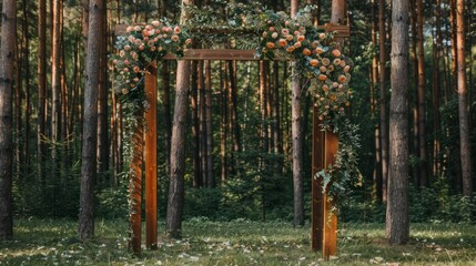 Rustic Wedding Backdrop, Side View of Wooden Arch with Floral Decor and Greenery, Against Tall Trees