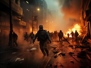 Fototapeta premium Protesters Flee a Fiery Scene in a City at Dawn