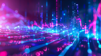 Abstract background of graphs and numbers in neon color. Histograms of blue and purple colors, indicating sales growth. Successful business. Concept of sales growth, success.