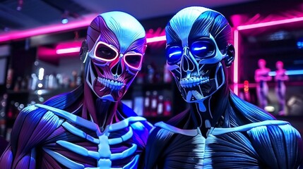 Two skeletons in a nightclub, with glowing blue eyes and veins.